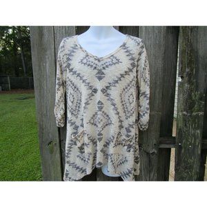 John Paul Richard South Western Print Tunic Top Small, Shark bite Ruched Sleeves
